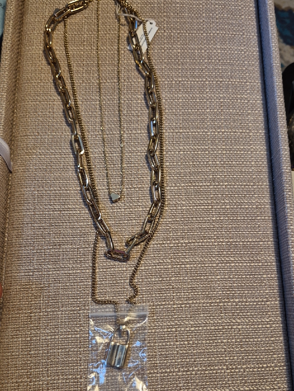 Layered Gold-Tone Women's Necklace Set with Padlock Pendant